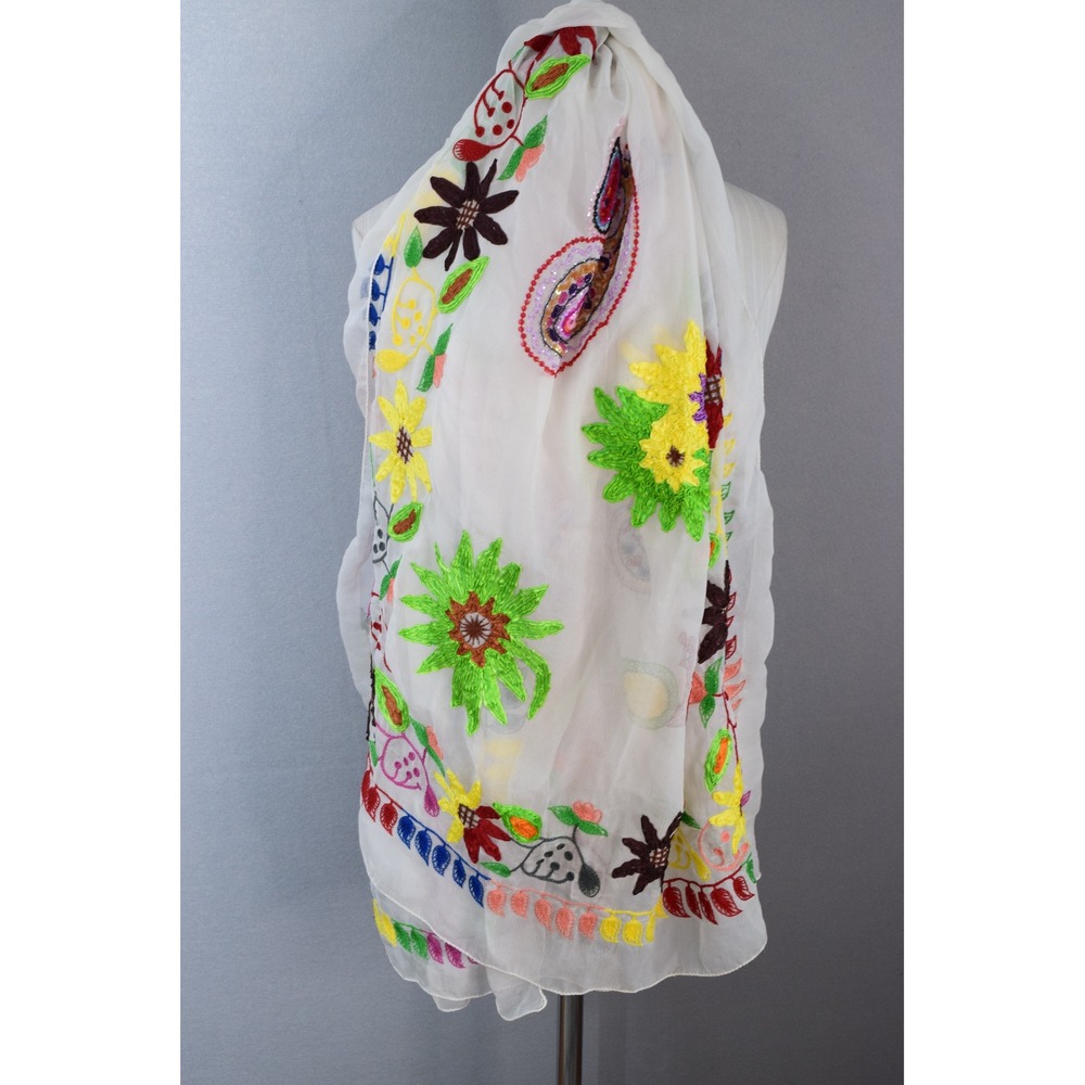 Etro Milano Scarf OS White Silk Embroidered Floral Paisley Italy Women READ